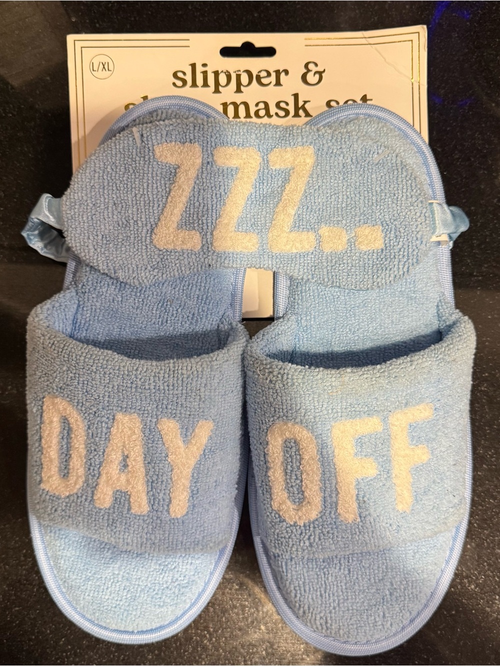 Mud Pie Day Off Slippers & Sleep Mask Set Blue L/XL NWT